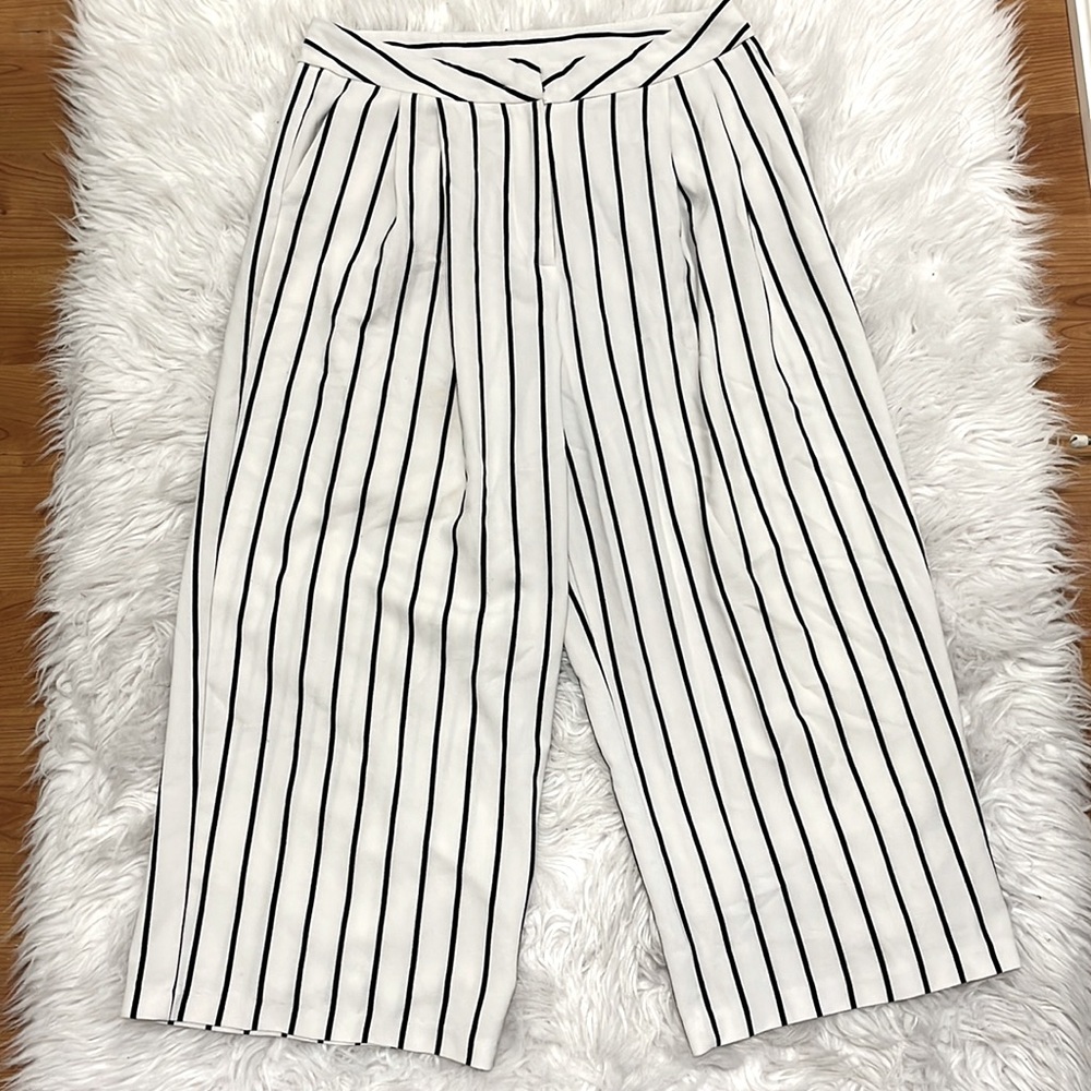 Black and white striped wide leg cropped trousers